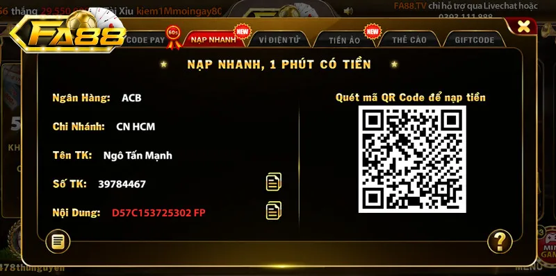 Nạp tiền tại fa88 nhanh chóng